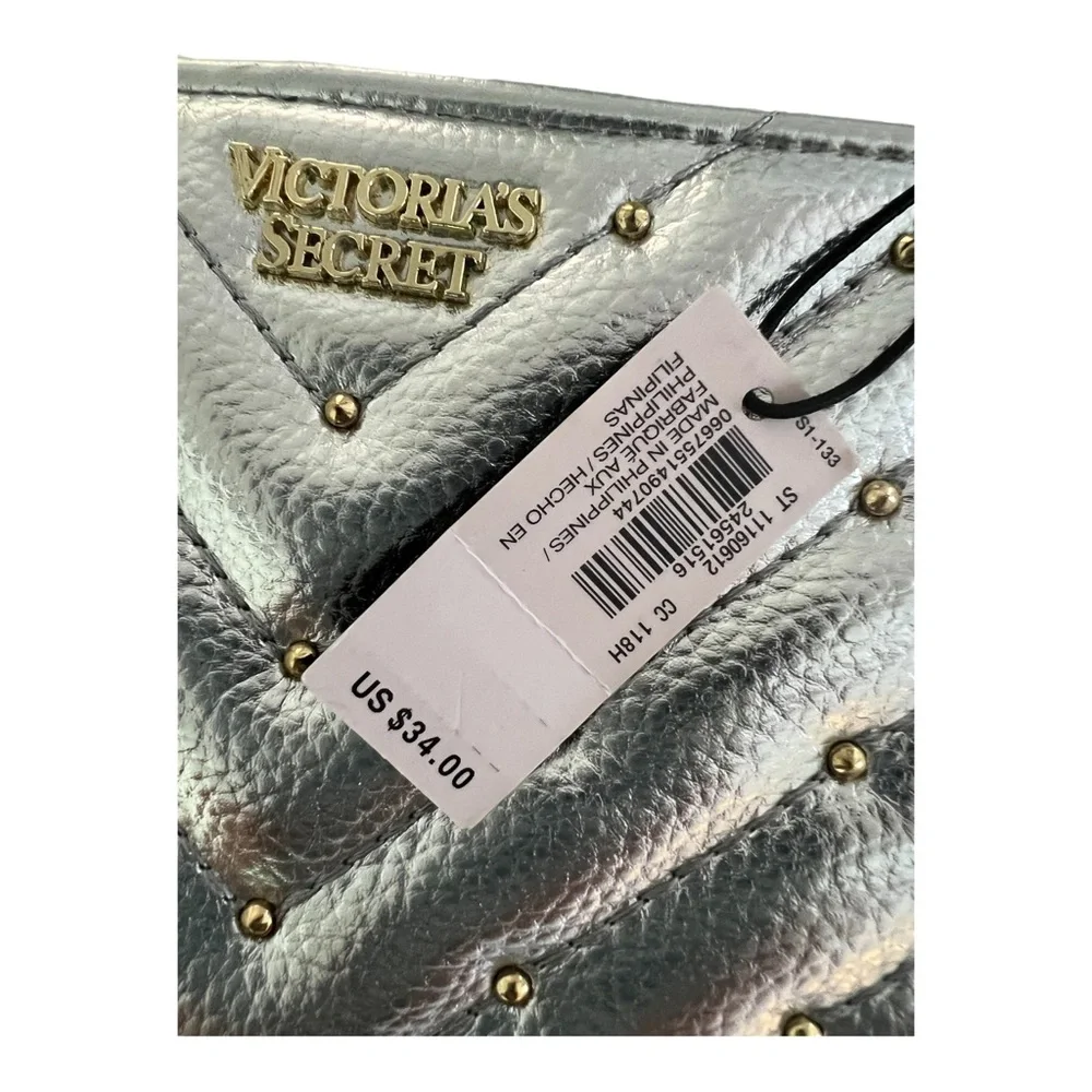 Victoria's Secret quilted metallic silver, studded wristlet wallet …